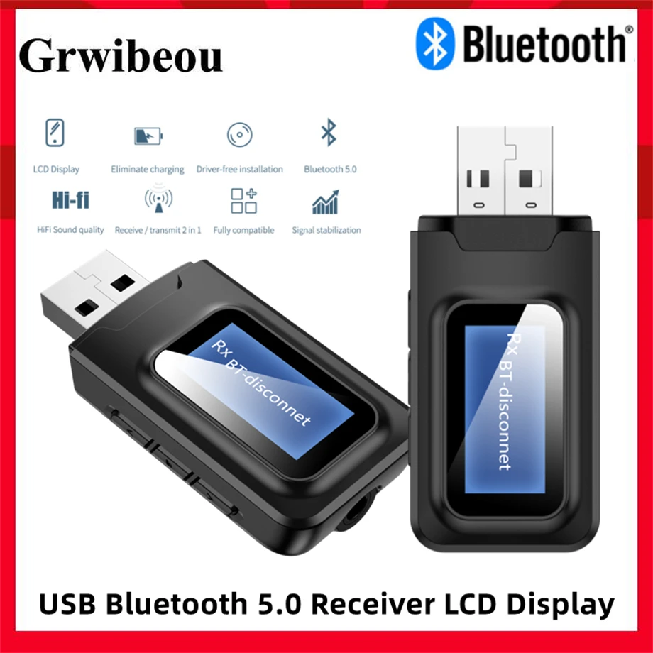 USB Bluetooth Receiver Transmitter Audio Bluetooth 5.0 Adapter For Car PC TV HD HiFi Receptor Wireless Adapter LCD 3.5MM AUX