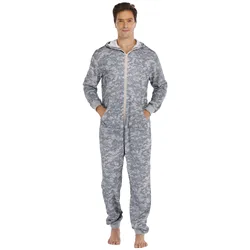 Men Grey Print Pajamas One-Piece Hooded Jumpsuits Adults Long Sleeve Onesies Cosplay Sleepwear