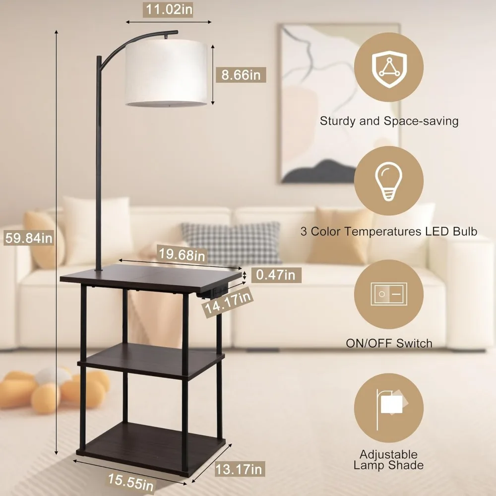 Floor Lamp with Table, End Table with Charging Station(USB & Type-C & AC Port), 3 Color Temperatures 9W LED