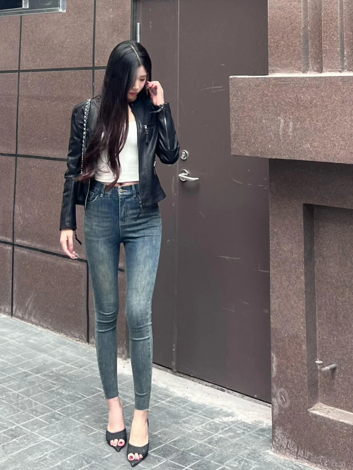 

High Waist Slim Fit Blue Pencil Denim Jeans Elastic Butt Lifting Korean Sle Retro Nine Point Pants Cotton Stretch Denim