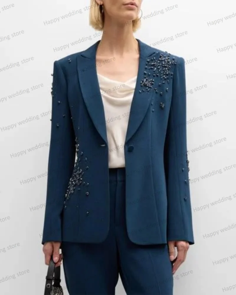 Blue Beads Women Suit Set 2 Pieces Blazer+Flare Cropped Pants Formal Office Lady Mother Guest  Jacket Prom Dress Custom Made