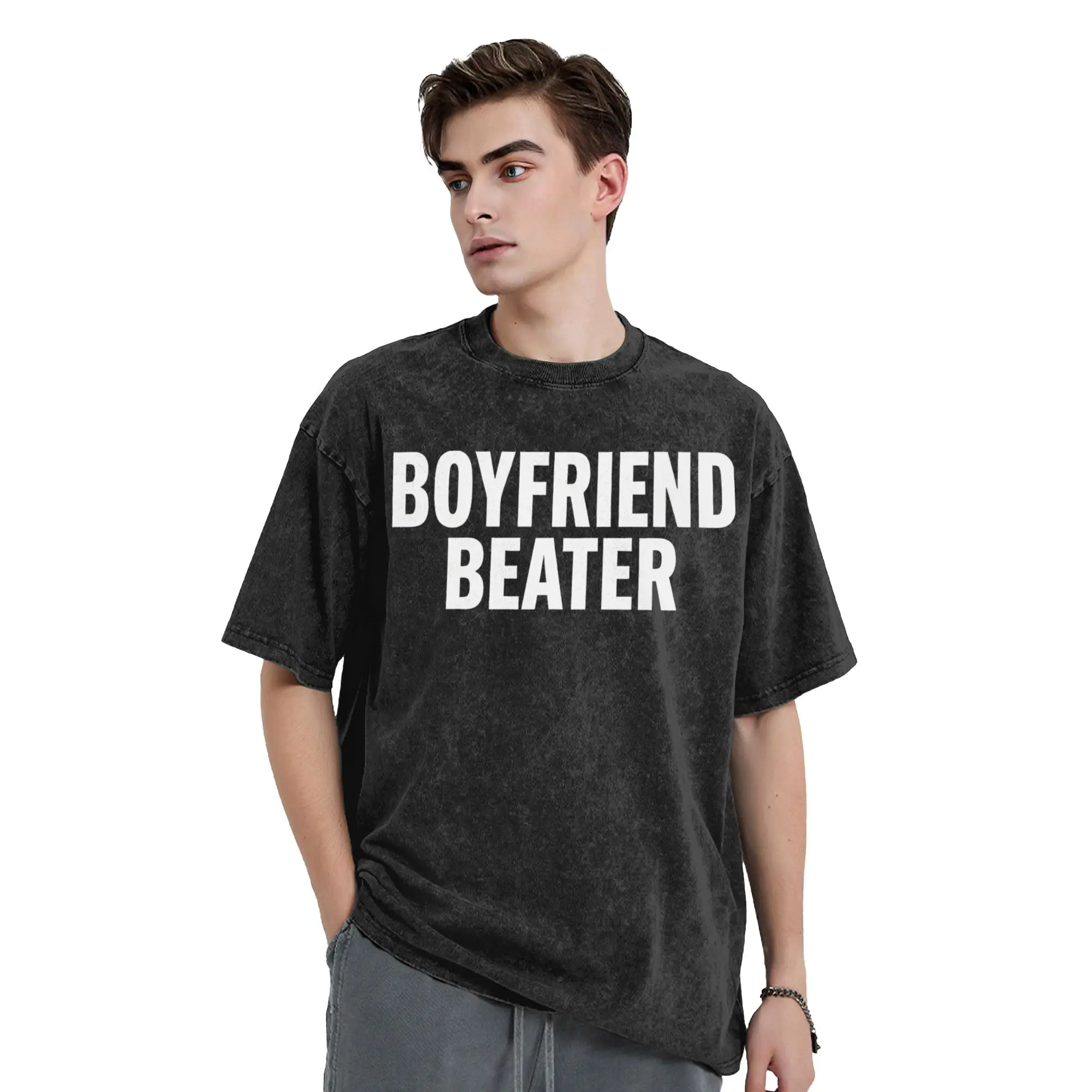 Boyfriend Beater  Edgy Irony Phrase Washed T Shirt Pure Cotton Novelty T-Shirt Crew Neck  Tee Shirt Short Sleeve Clothes Printed