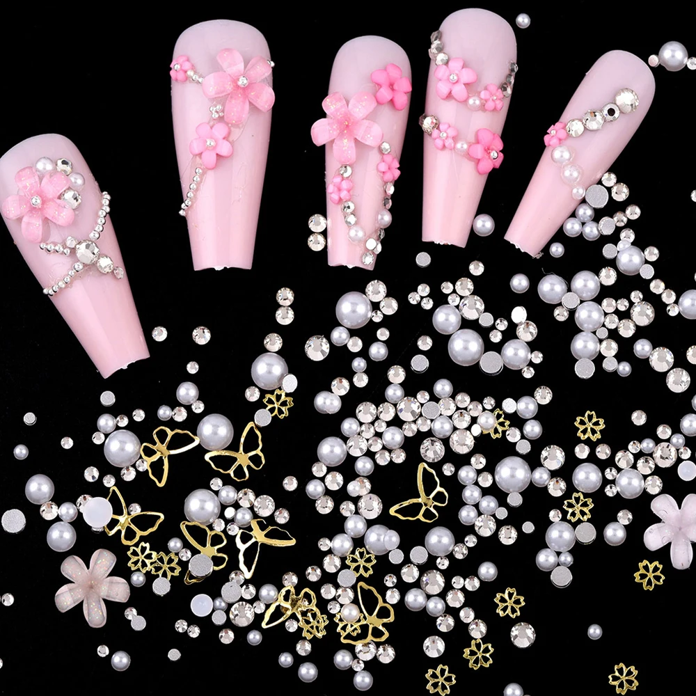 4箱入り3Dミックスアクリルフラワーネイルチャーム、ピックアップツール付き、ゴールドシルバーキャビアビーズネイルデコレーション、ハーフラウンドパール＆ダイヤモンドネイルパーツ