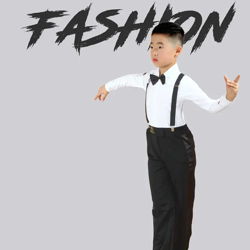 Traje latino para niños y adultos, camisa, pantalones, corbata, trajes de baile latino blancos para niños, traje de 3 piezas, salón de baile moderno, Tango, Rumba