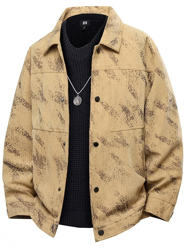 

Loose Fit Printed Jaet for Men Casual Windproof Polyester Fiber ort Sve Busin Casual Sle Flip Collar Coat