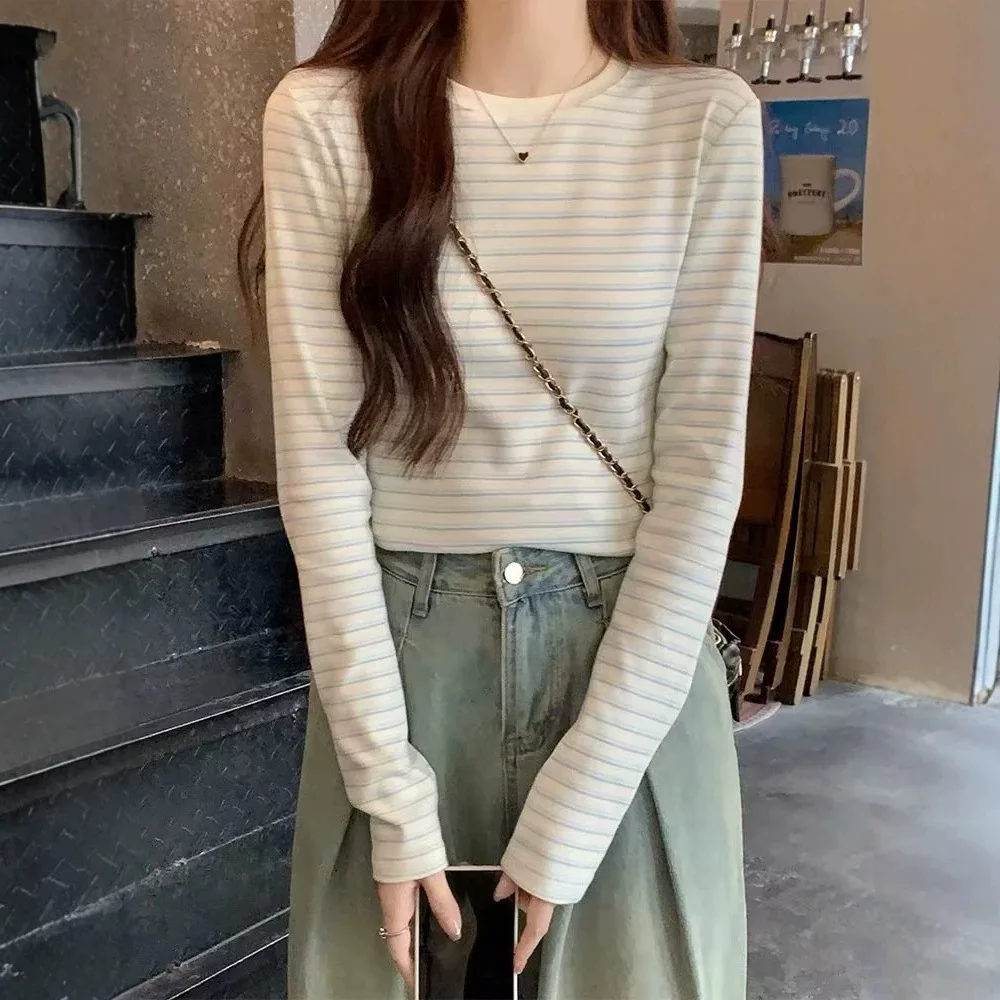 Striped Long Sleeve Winter T-shirts Women Kpop Autumn Slim Tops Sexy Y2K Vintage Tees Shirts Cute Cheap Clothes Woman Tshirts