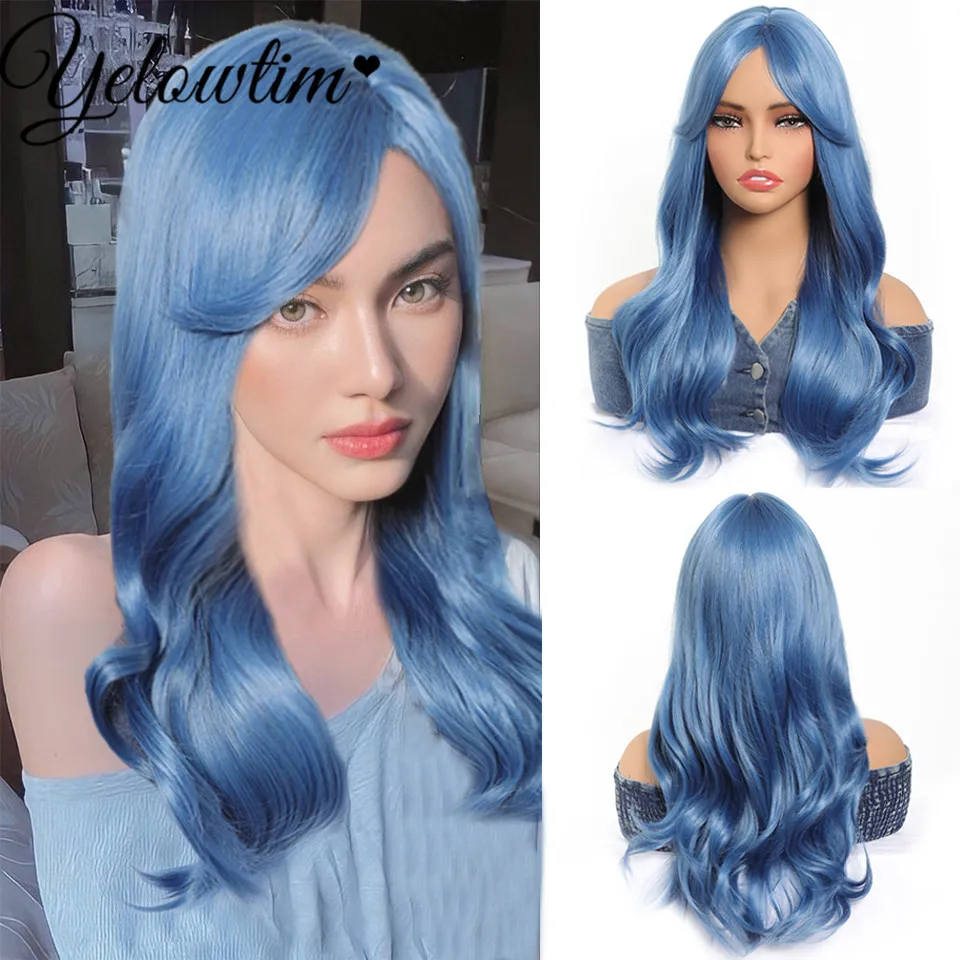 

Synthetic wig long curly hair blue cos new fashionable eight character bangs waves full head cover full wig for women's daily