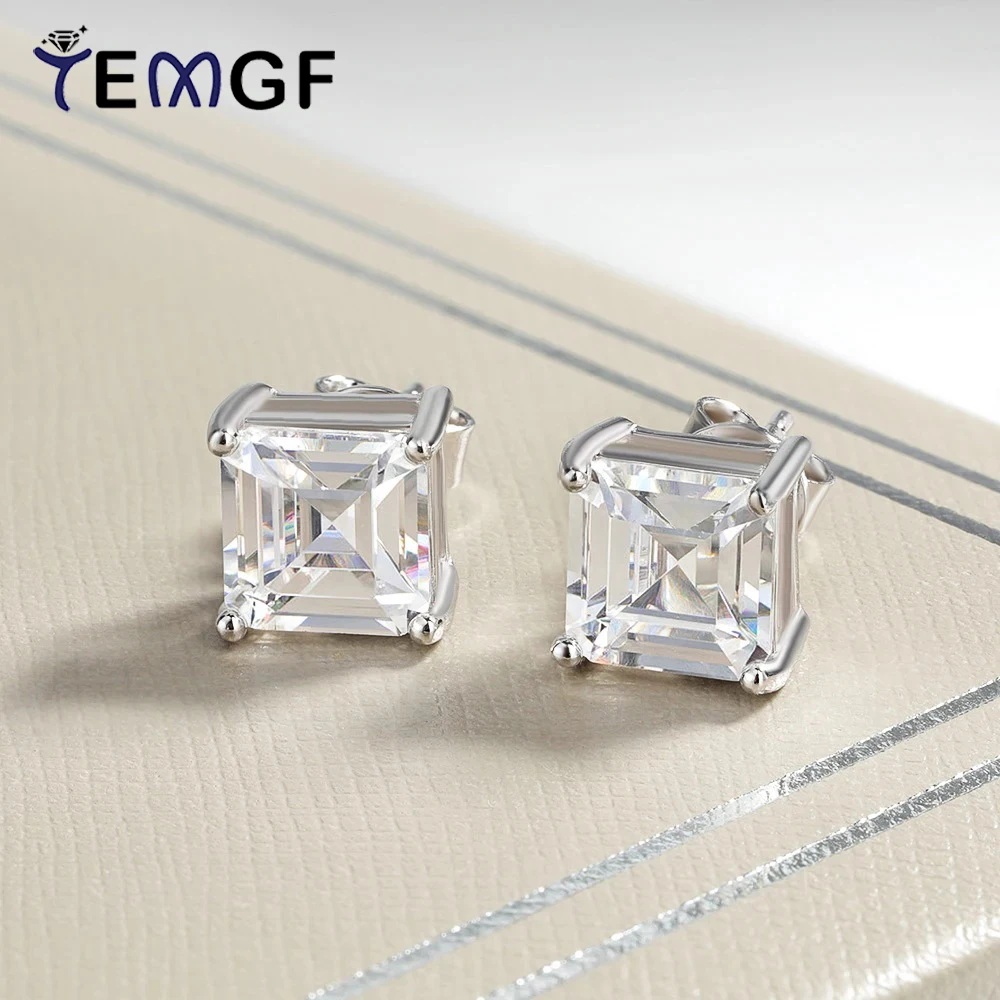

TEMGF 4mm/5mm Princess Cut Moissanite Ear Studs 100% 925 Sterling Silver Earrings for Women Party Fashion Fine Jewelry With GRA