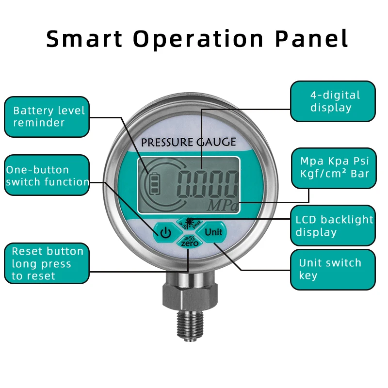 Pressure Gauge 0-1000bar Water Gas Oil Pressure Sensor Negative Pressuse With Backlight LCD Display Intelligent Pressure Gauge