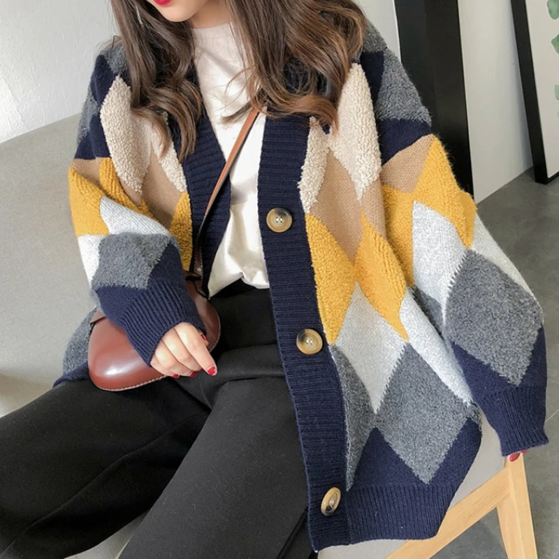 

Fashion Warm Thicken Argyle Sweater Jacket Korean Style Plaid Cardigan Women Autumn Winter Clothes Long Sleeve Loose Tops 23825