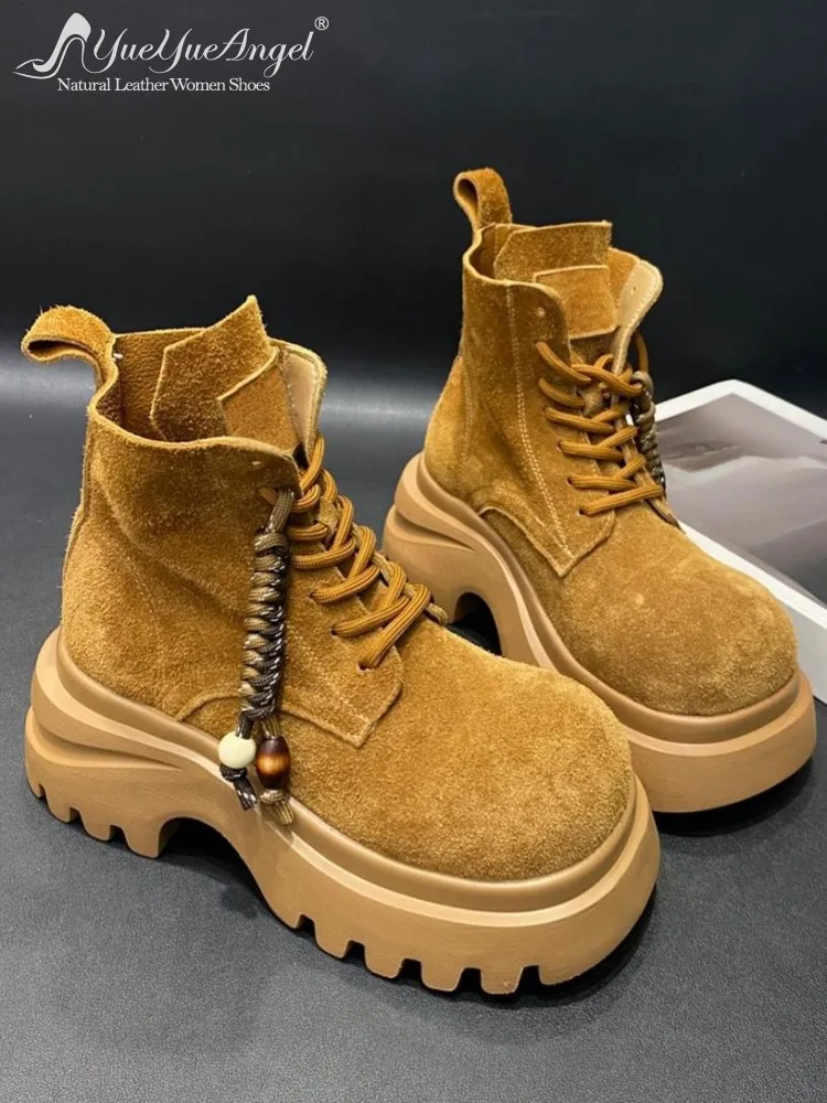 

Leisure Wearing Outside Cow Suede Platform Solid Color Female Boots Fashion Round Toe High-Heel Bead Lace-Up Ankle Shoes