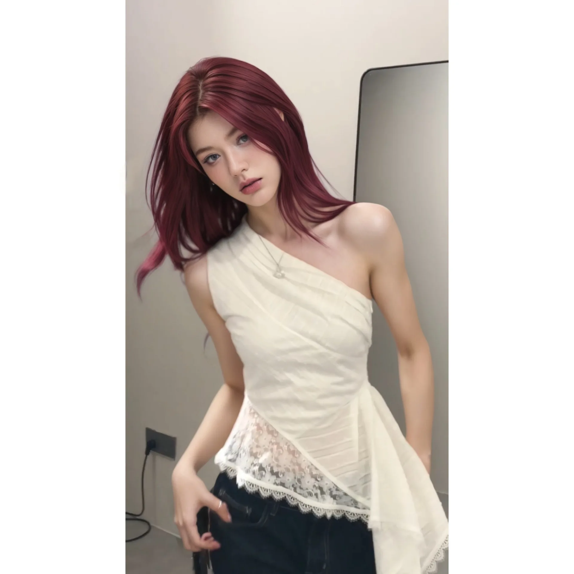 

2026 New Lace Pure Desire Style Oblique Neck Off Shoulder Sleeveless Vest For Women Summer Slim Fit Slimming Irregular Stylish