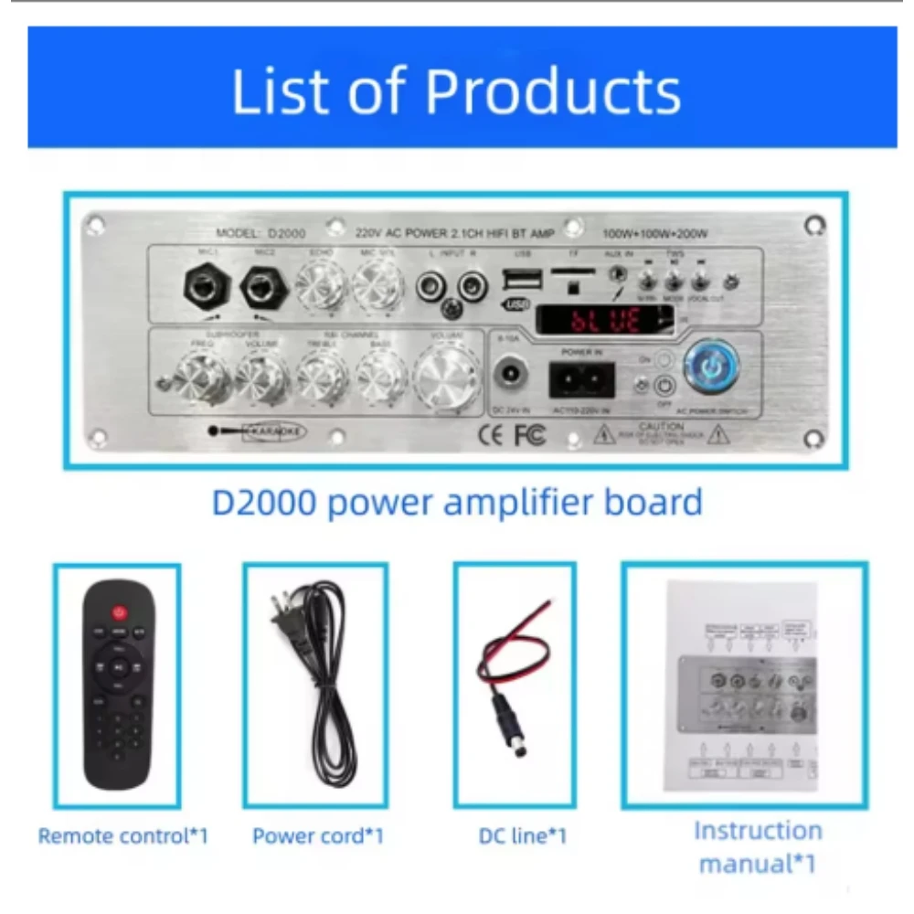 

Плата аудиоусилителя D2000 Bluetooth 2,1-канальный 100 Вт + 100 Вт + 200 Вт высокой мощности BT 5.1 AUX FM USB TF TWS DC 24 В AC110-20 В Усилитель звука