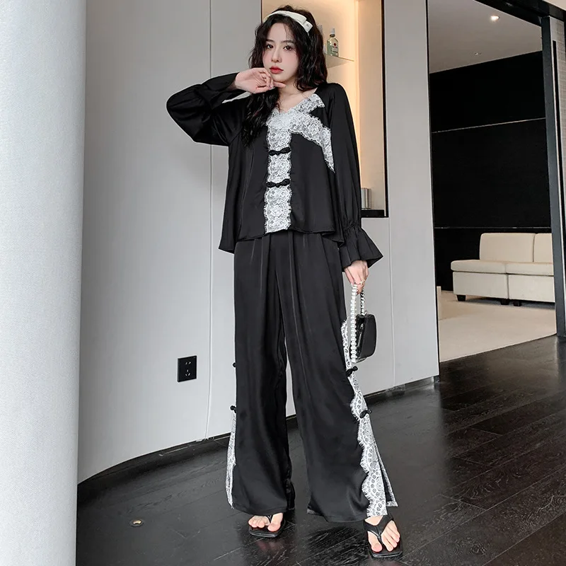 

O-Neck Nightgown Women Pajamas Suit With Trousers Sexy Rayon Home Clothes Lace Patchwork Sleepwear Long Sleeve Loungewear