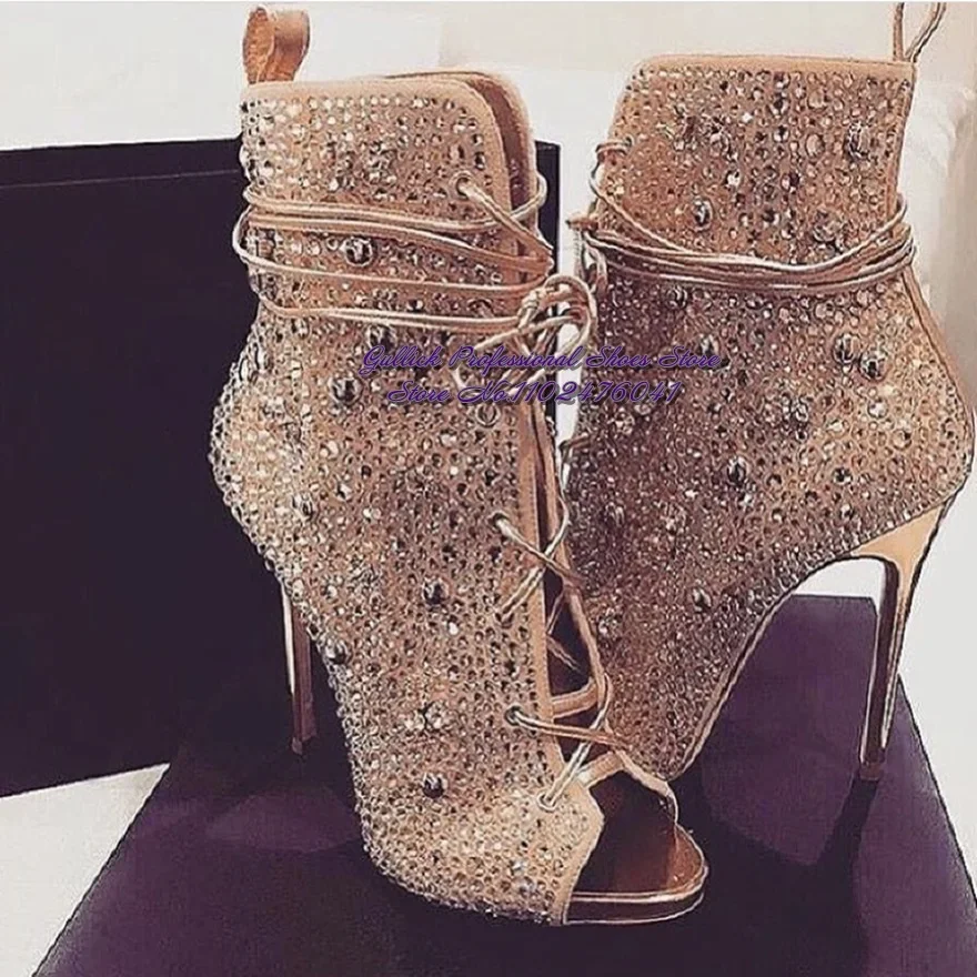 Bling Bling Peep Toe Crystal Stiletto Tacones altos finos Botas Oro Plata Diamante Sandalia Botines Glitter Rhinestone Zapatos con cordones