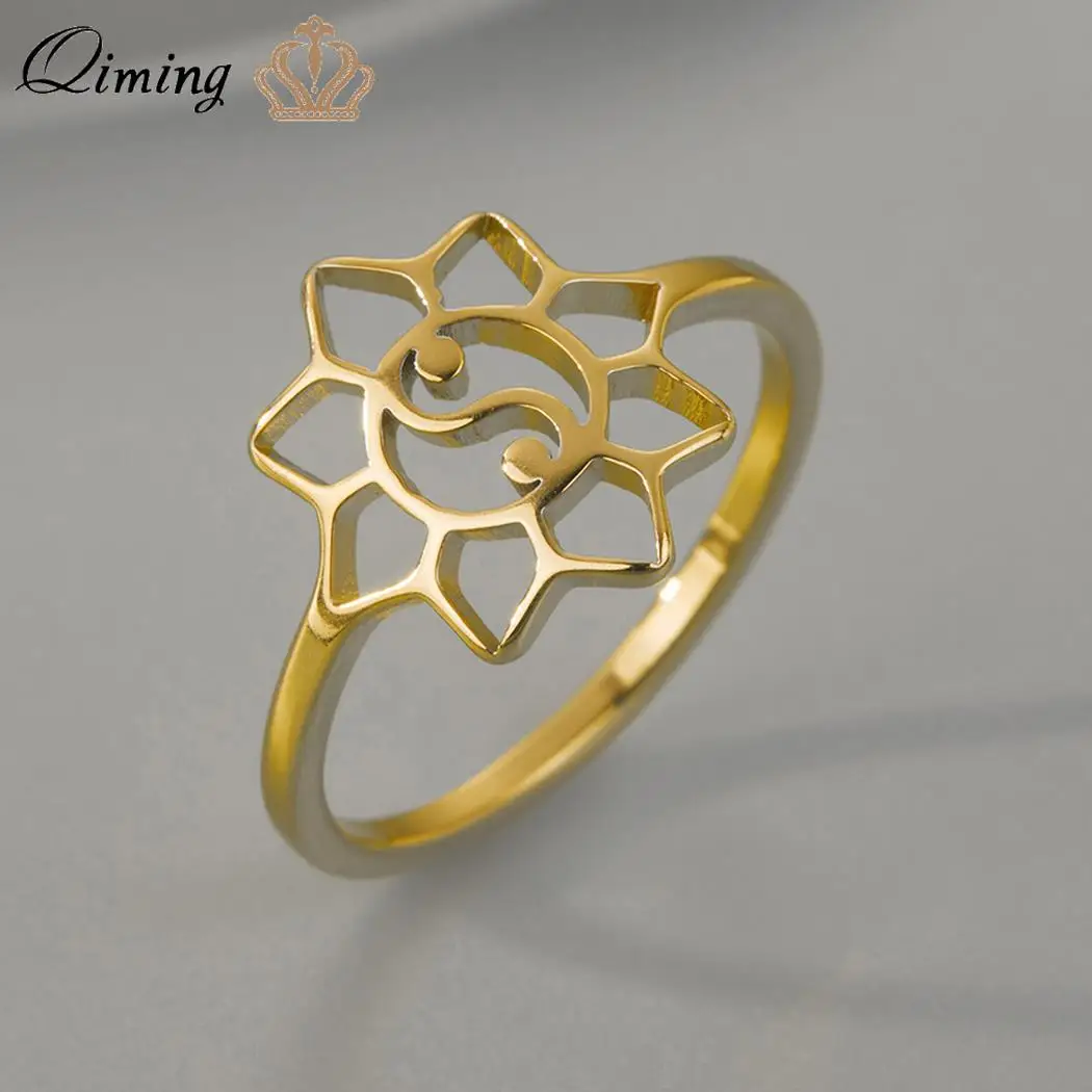 QIMING Lotus Flower Yin Yang Ring Women Taoist Zen Mandala Spirit Stainless Steel Jewelry Finger Yoga Rings