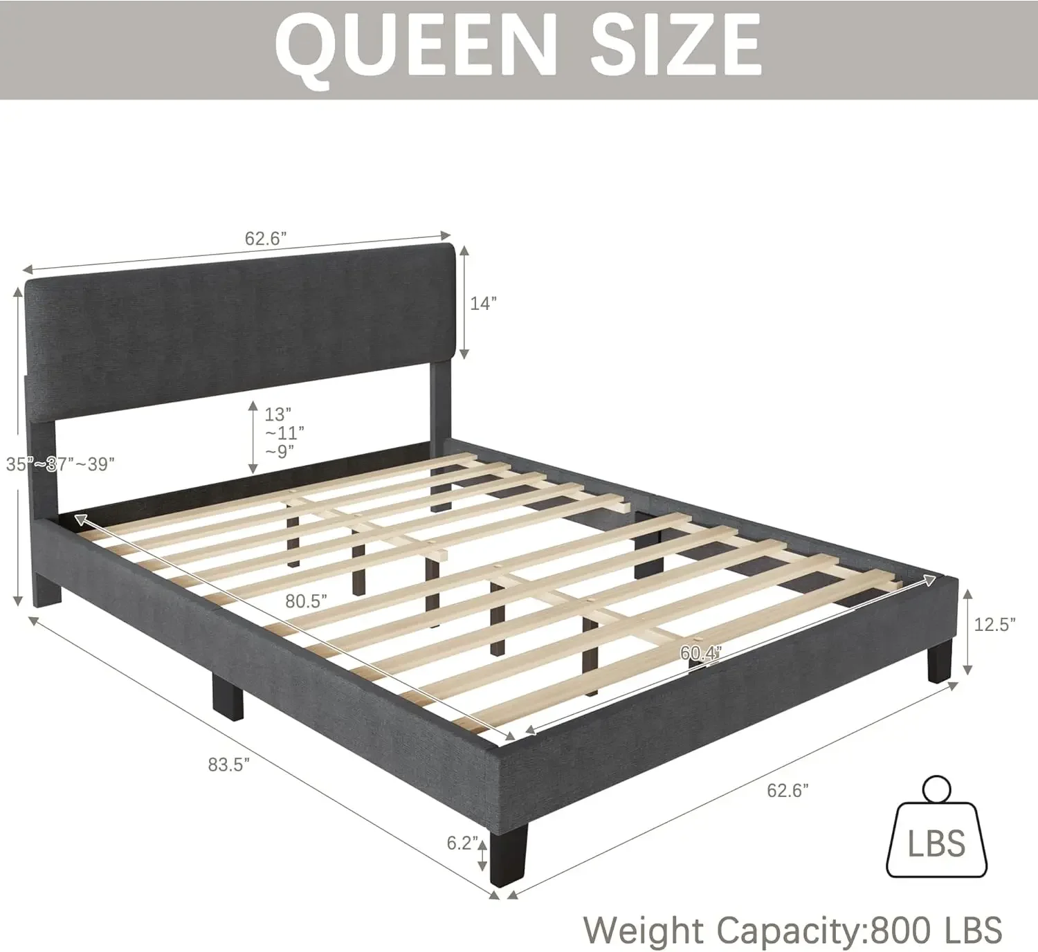 Queen Bed Frame Upholstered Bed Frame Platform with Adjustable Headboard Linen Fabric Headboard Wooden Slats Supporti