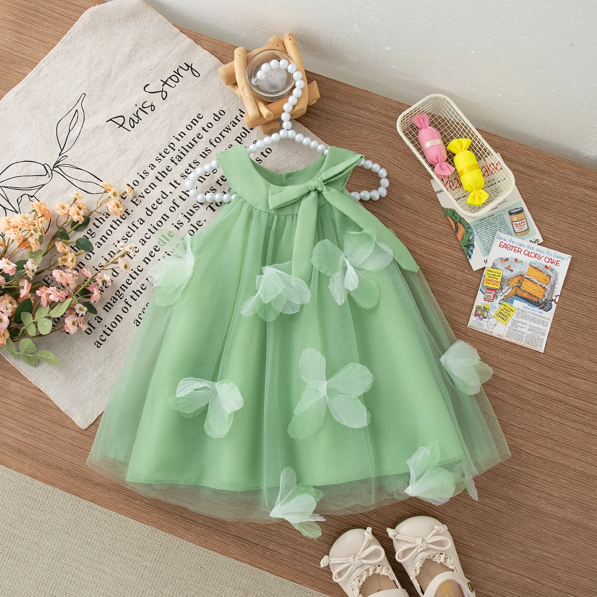 Summer New Baby Girl Solid Color Dress Sweet Bow Children'S Clothing For Birthday Parties (9 Months -4 Years Old)