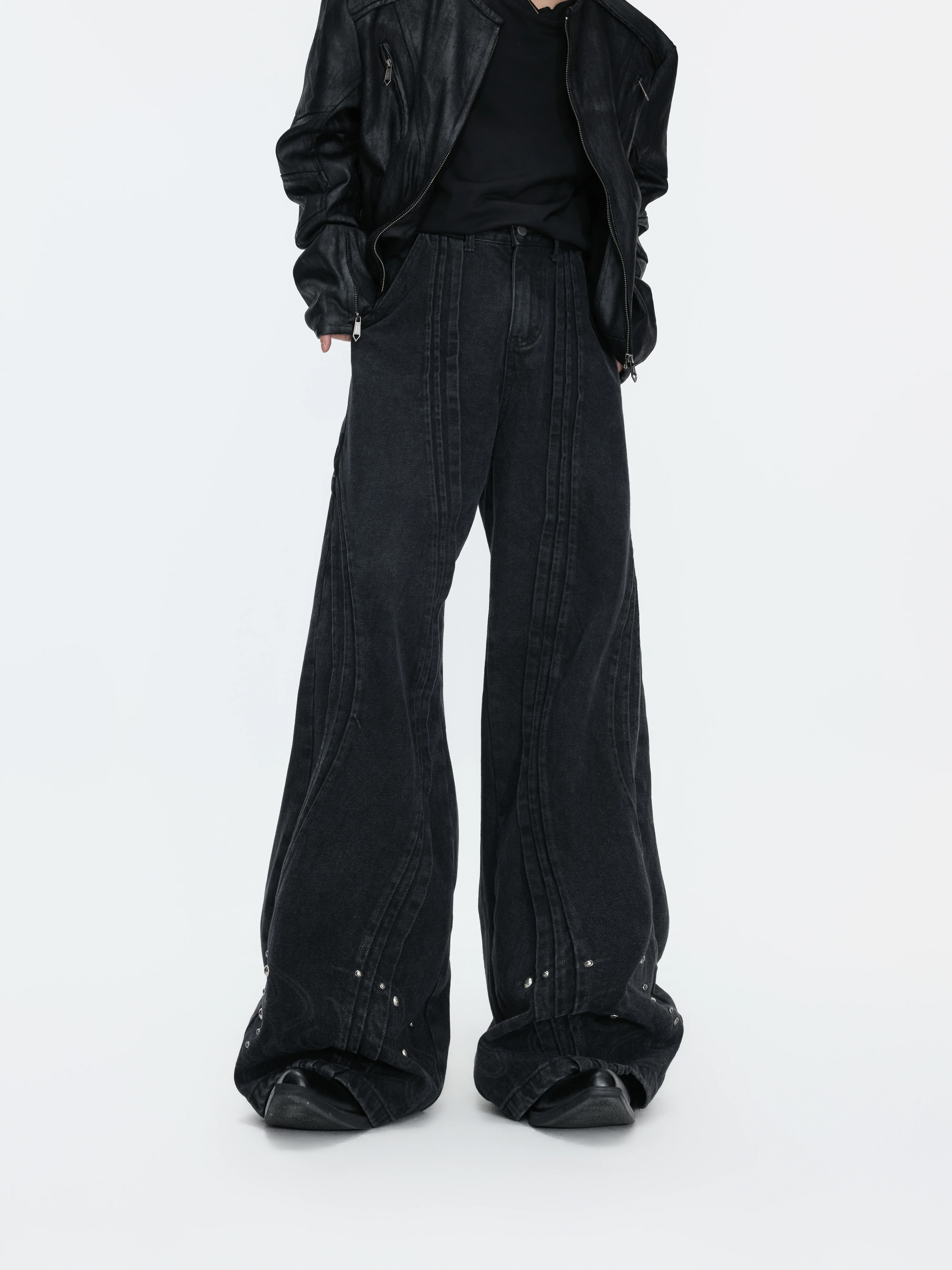 Argue Heavyweight 3D Deconstructed Bone Strip Washed Vintage Jeans Laser Etched Rivet A-Line Casual Long Trousers