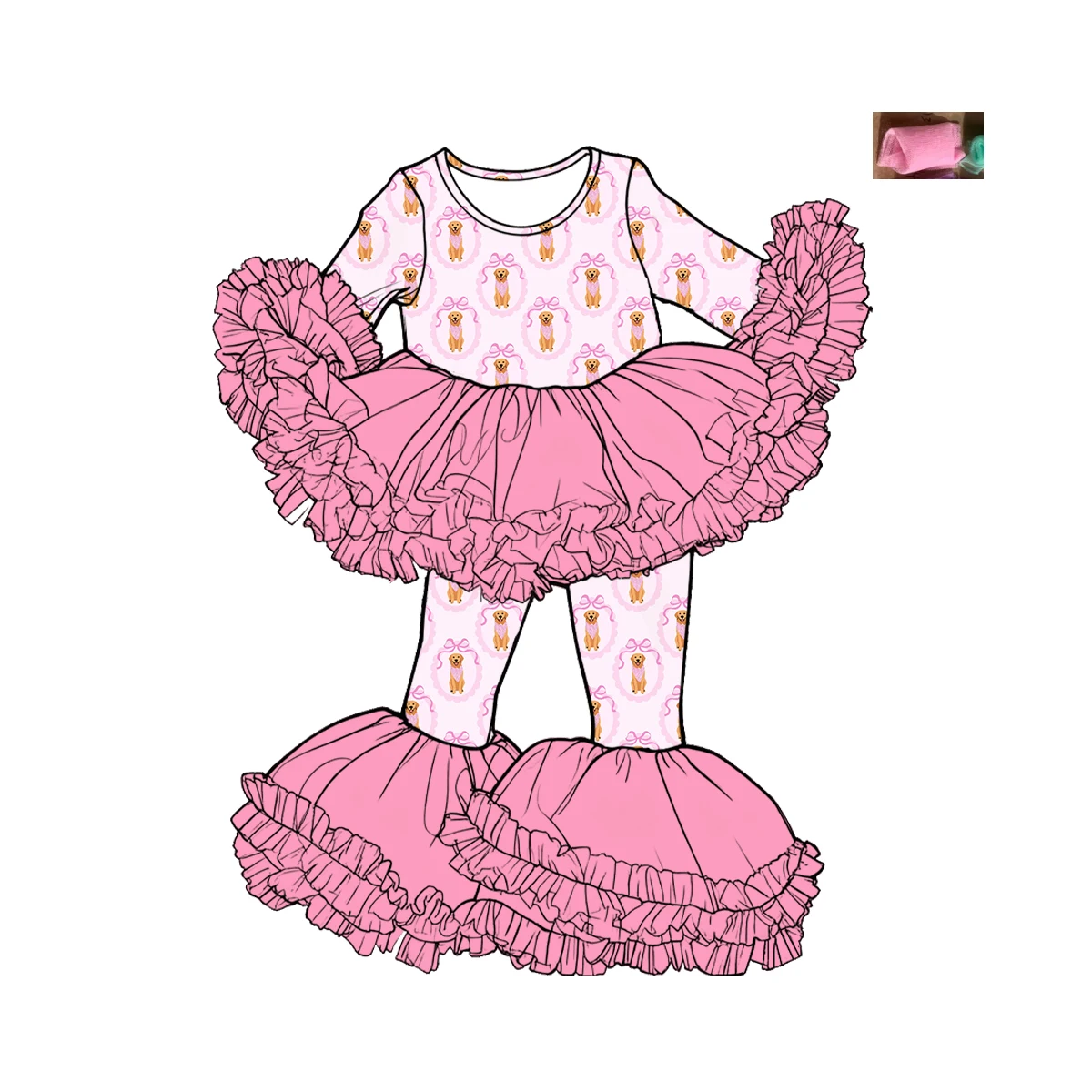 

Boutique Girl Easter Bunny Outfit Pink Tutu Ruffled Mesh Bell Pants Set Puppy Floral Print Long Sleeve Kids Valentine's Clothing