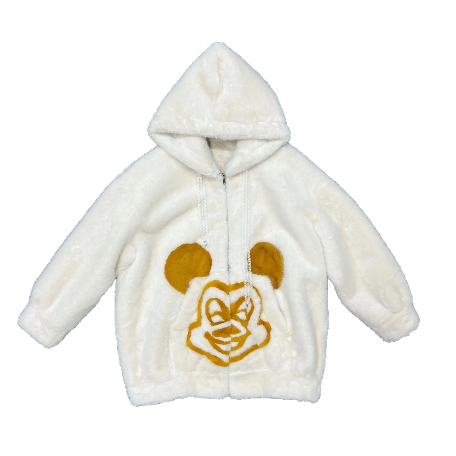 Autumn Winter 2025 New European Velvet Color Block Hooded Casual Cartoon Pattern Zipper Women's Faux Fur Coat Furry Sweatshirts