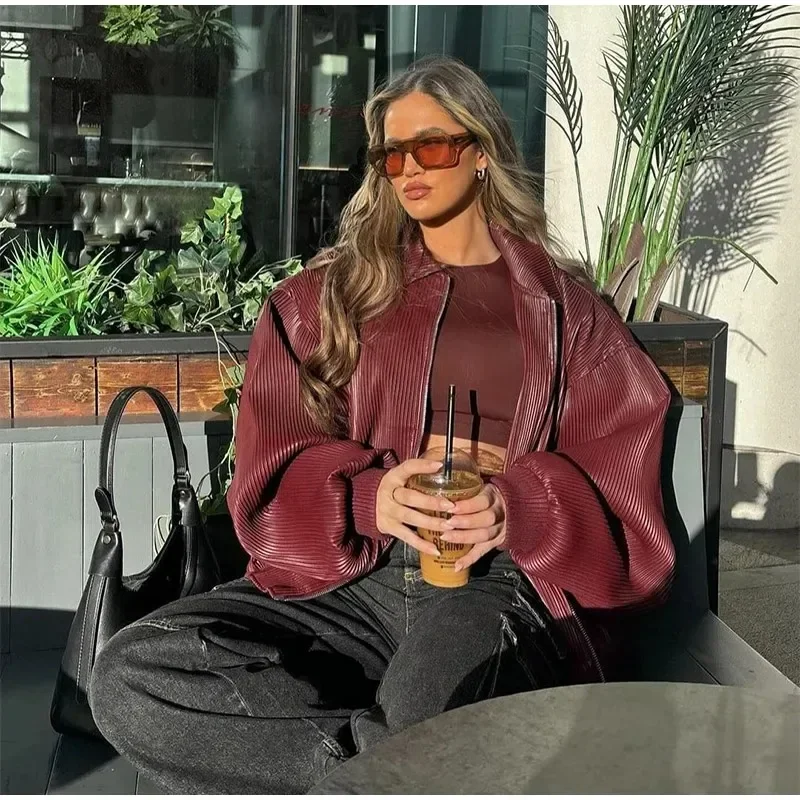 2024 moda Otoño señoras High Street prendas de vestir exteriores mujeres Pu cuero vino chaqueta roja Casual solapa cremallera manga larga abrigos cortos