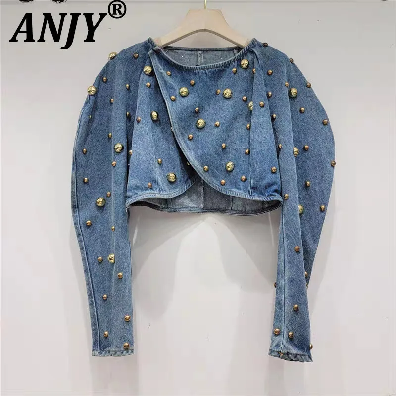 

ANJY Autumn New Women Short Denim Jacket Design Sense Heavy Craft Rivet Long Sleeve High Street Elegant Fashion Chic Coats A9798