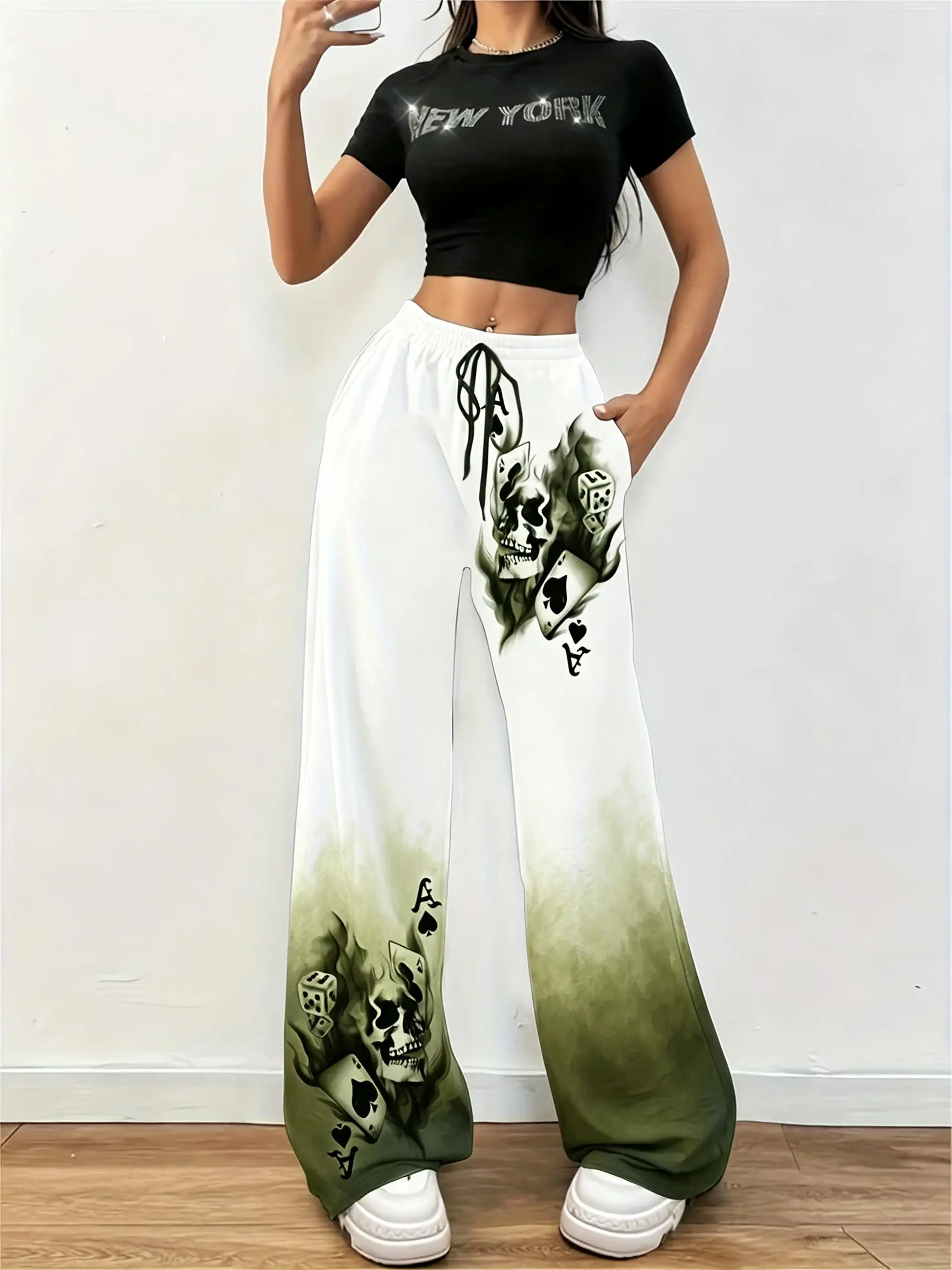 Women Skull Poker Dice Print Wide Leg Pants Gradient Elastic Drawstring Streetwear Trousers