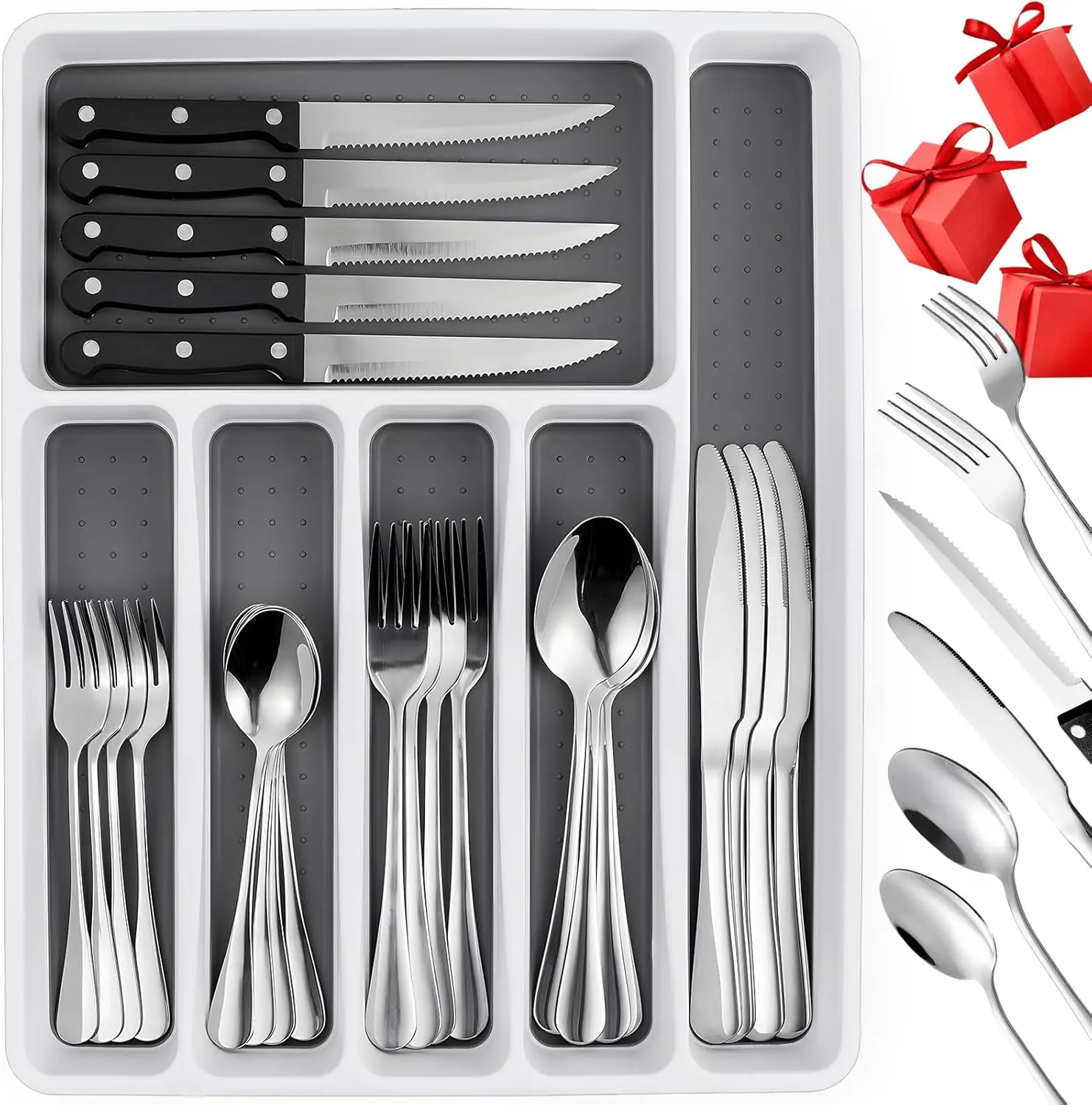 

49 Piece Silverware Set with Organizer - Stainless Steel Cutlery Set for 8, White Elephant Christmas Gifts kitchen Utensil Flatw