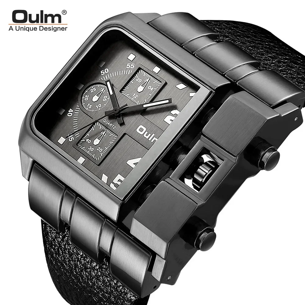 OULM Brand Sports Quartz Watches Reloj Men\'s Wristwatch Relogio Masculino Big Square Size Watch Men Luxury Wide PU Leather Clock