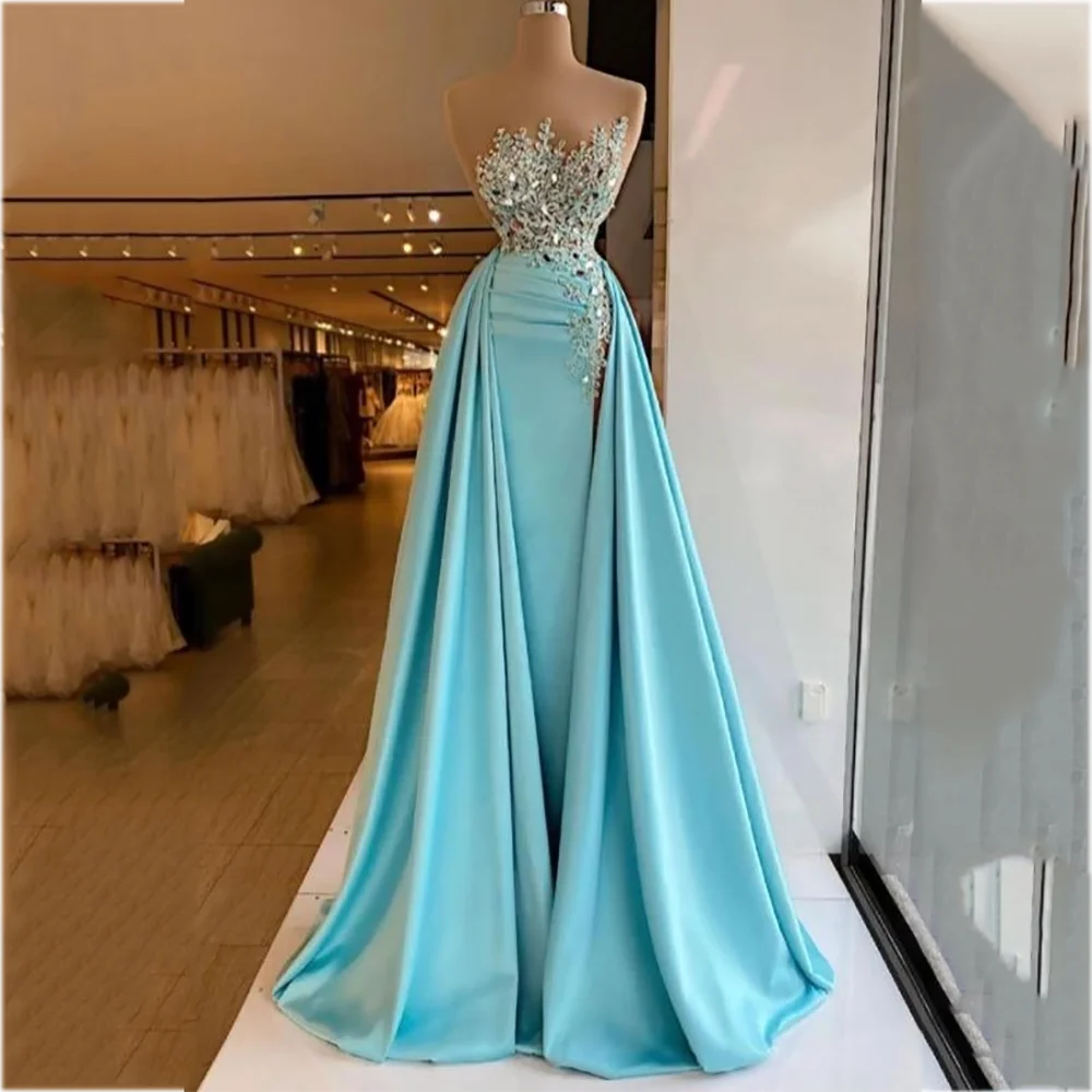 여성을위한 고급스러운 댄스 파티 드레스 끈이 없는 아플리케 절묘한 크리스탈 블링 인어 민소매 공식 디너 파티 이브닝 ​​가운