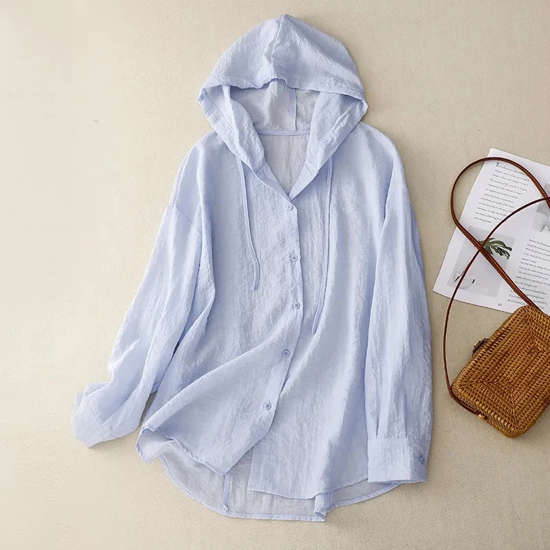 Women's Summer Hooded Thin Sun-protective Coat New Korean Loose Fashionable Cotton Linen Casual Beach Air-conditioning Shirt Top