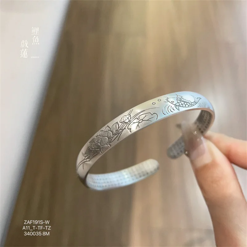 999.9 Carp Solid Sterling Silver Open Bracelet National Style Retro