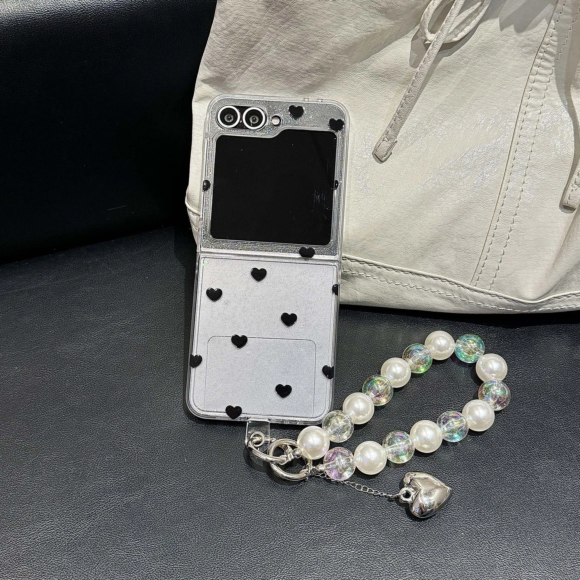 

Back Cover For Samsung Galaxy Z Flip 7 6 5 Case Glitter Love Polka Dot Bracelet Wristband Chain Hard Pc Shockproof Phone Case