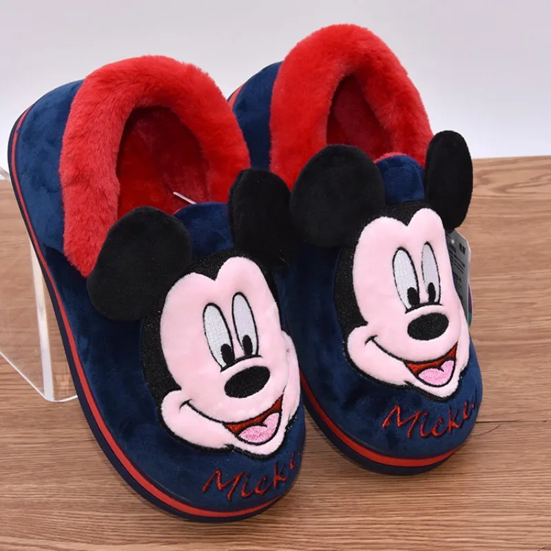 Disney cotton slippers cute Mickey Mouse Minnie Mouse winter children\'s bag heel soft sole non-slip plus velvet warm slippers