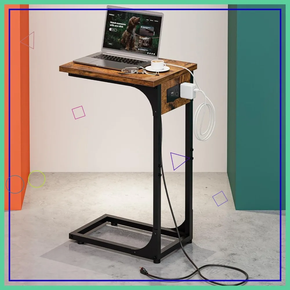 

Приставной столик C-образной формы для дивана с металлическим каркасом, водонепроницаемой деревянной столешницей и зарядной станцией, цвет рустик-коричневый