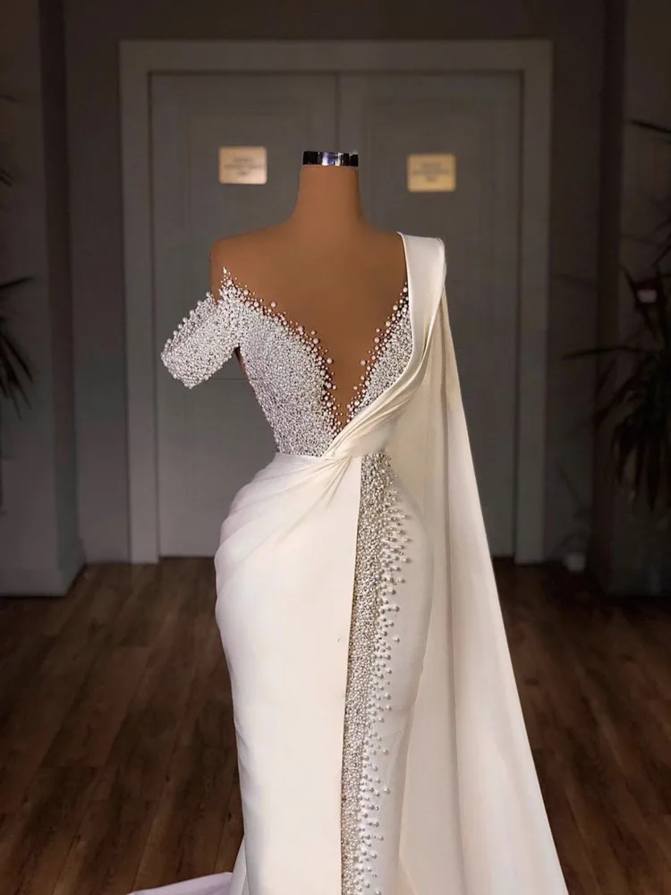 

Wonderful Off the Shoulder Heavy Beads Sequins Mermaid Wedding Dresses Vestido De Novia Split Side Bridal Gowns with Cape