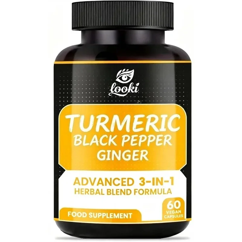 Turmeric Supplement Three in One Formula Containing Black Pepper and Ginger -60 Vegan Capsules
