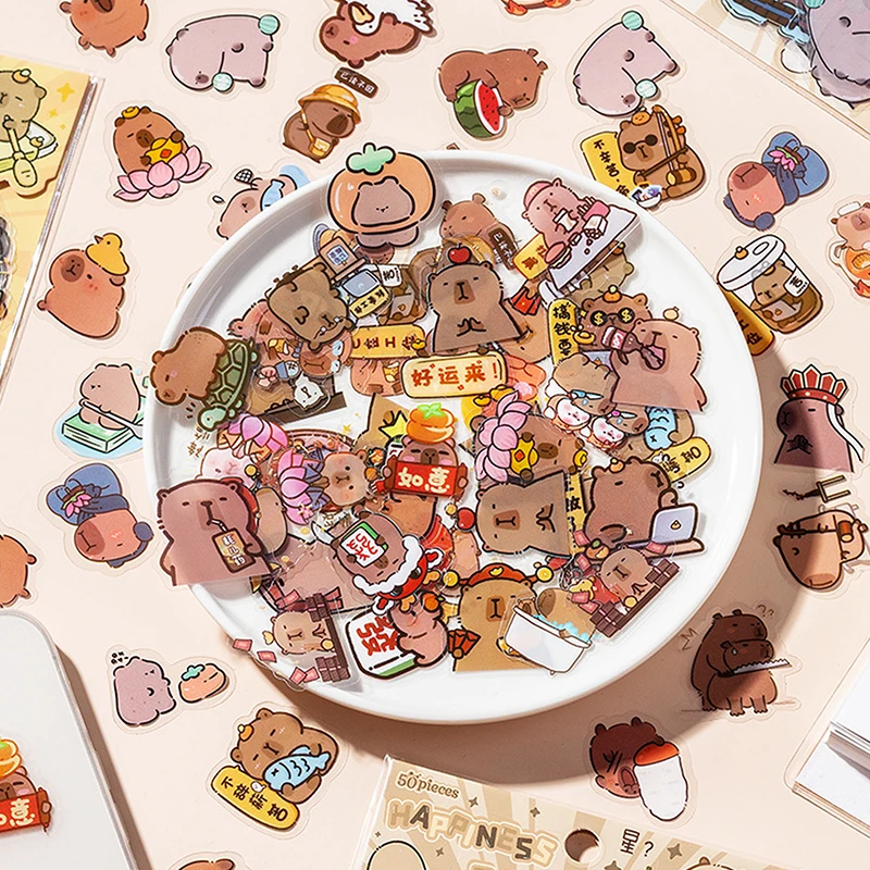 50Pcs Cute Kawaii Cartoon Capybara Stickers For Women Girls Transparent Waterproof Stickers Diary Decoration Stickers