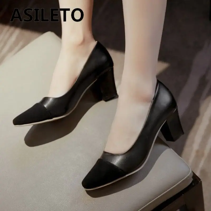 

ASILETO New Design Women Pumps Square Toe Block Heels 6cm Slip On Mixed Color Large Size 41 42 43 Fashion Dating Female Shoes