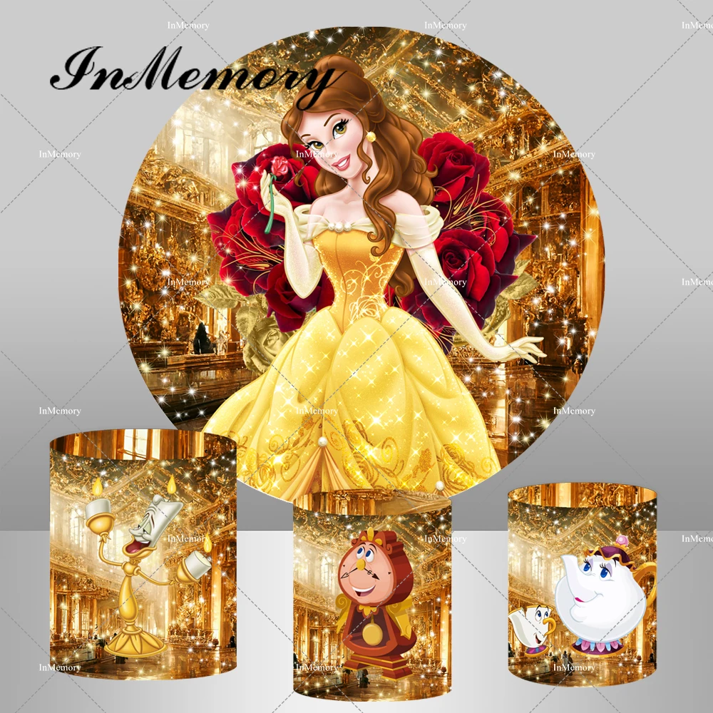 Beauty and The Beast Golden Hall Yellow Princess Belle Round Backdrop for Girls Baby Shower Birthday Party Backgrounds