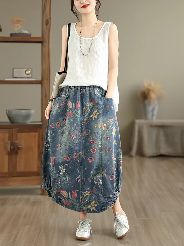 

Elastic Waist Denim Half Skirt Women's Spring Summer Floral Print Skirt plus Size Maternity Skirt Casual High Waist Cotton Blend