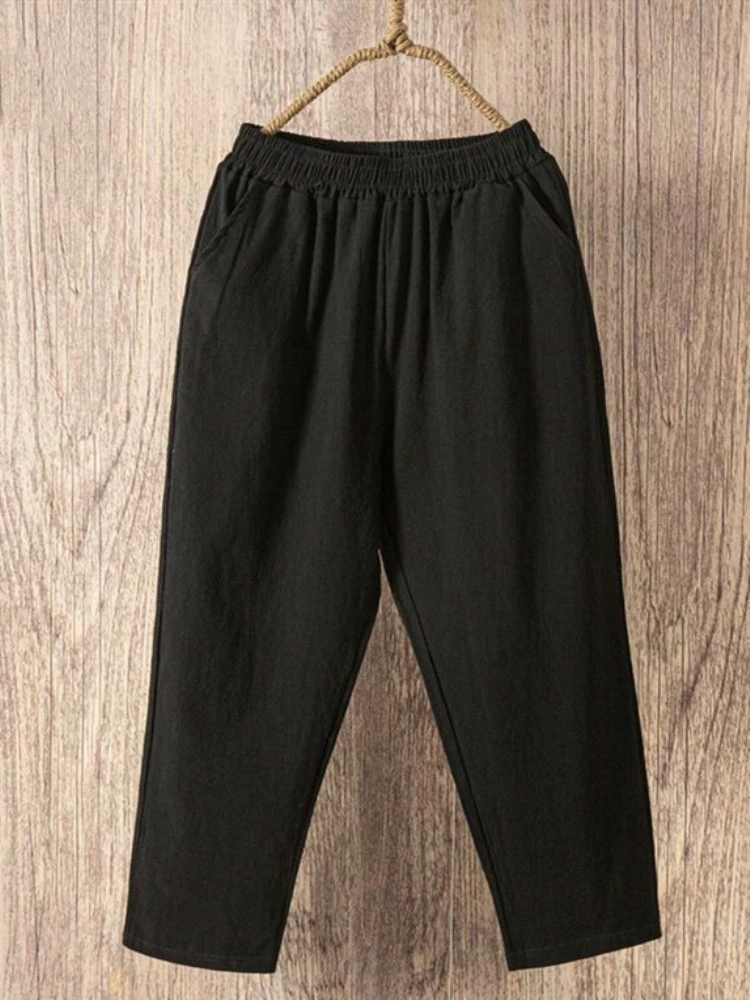 면 혼방 하렘 팬츠 여성용 여름 얇은 루즈핏 플러스 사이즈 당근 팬츠 캐주얼 다용도 신축성 있는 허리 예술적 스타일