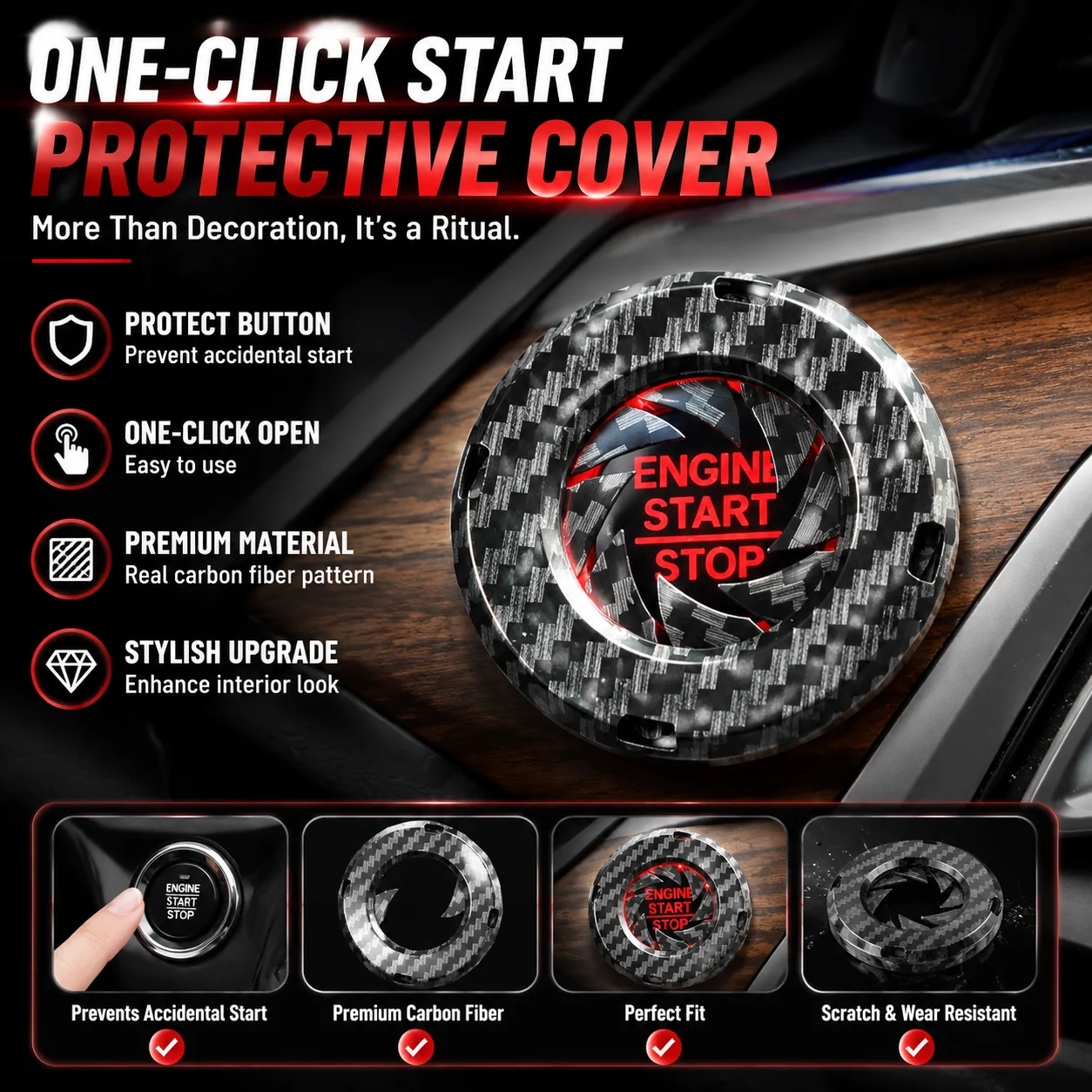 Rotary Engine Start Stop Button Cover With Carbon Fiber Style And Protective Ring Automobile Interior Decoration Accessories
