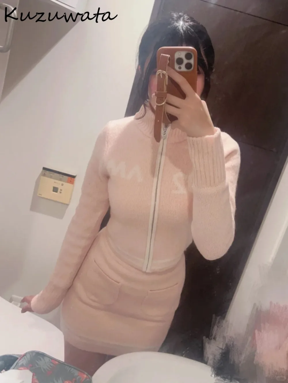 

Kuzuwata New Age Reduction Turtleneck Moda Sets Cardigan Straight Short High Waist Faldas Japan Student Preppy Style Suits Skirt