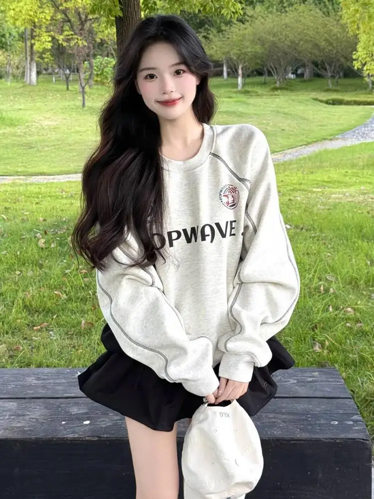 

Floral Grey round Neck Sweatshirt Women's Autumn New Korean Design Beautiful Letter Print Top Loose Fit Long Sleeve Hoodie