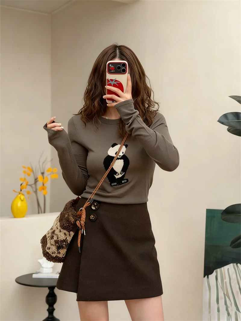 

Elastic Long Sve Knitted Wool Base irt Women's Slim Fit Harmonious Panda Embroidery Warm Underwear for Autumn And Winter