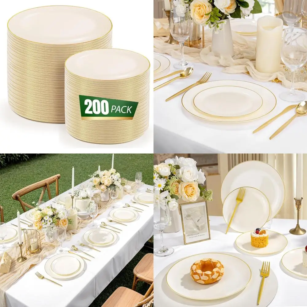

Heavy Duty Ivory Gold Rimmed Disposable Plates - 100 10-Inch Dinner & 100 7-Inch Dessert Cream Plates