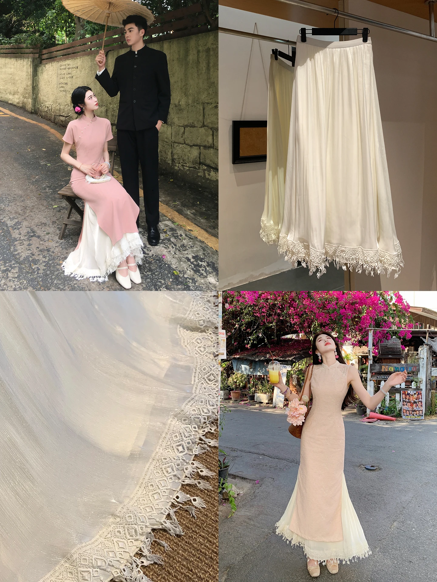 Lingxian Zhihe Lace Blouse Skirt Half-length Women's Qipao Inner Wear Long Dress Summer Fashion Retro Style Low Waist A-line