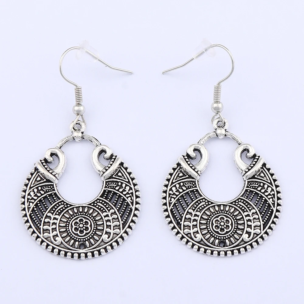 

Tibetan Silver Color Bohemian Ethnic Tribal Aztec Hippy Round Pendants Earrings for Punk Fashion Women Jewelry Accessories